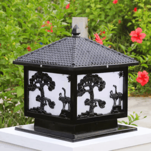 Đèn trụ cổng tân cổ điển đen hình phong cảnh đôi chim TD-1438