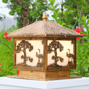 Đèn trụ cổng tân cổ điển vàng hình phong cảnh đôi chim TD-1439