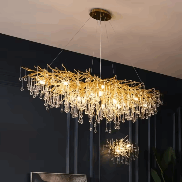 Đèn chùm pha lê ngang thân vàng thả chùm giọt sương TH-8020