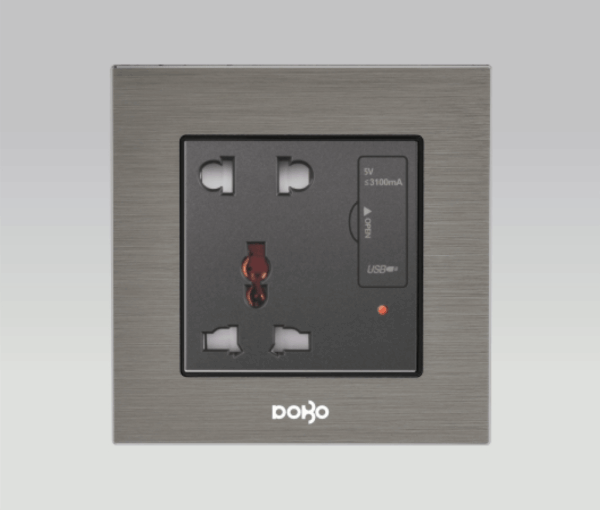 Bộ ổ cắm 5 chấu + USB, nhôm vân xước màu xám DoBo A90X-88033