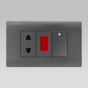 Bộ ổ cắm 2 chấu + đèn báo + công tắc đơn một chiều, nhựa PC chống cháy màu xám DoBo - A66x-88639
