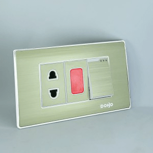 Bộ ổ cắm 2 chấu+ đèn báo + công tắc đơn một chiều, nhôm vân xước DoBo  A60-88639