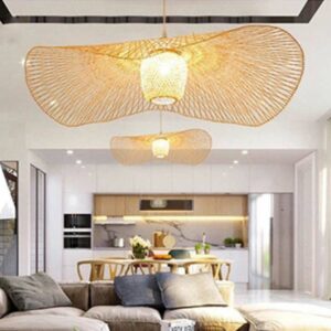 Đèn thả nan tre đan lá sen kết hợp đèn cầu một lớp MT 134