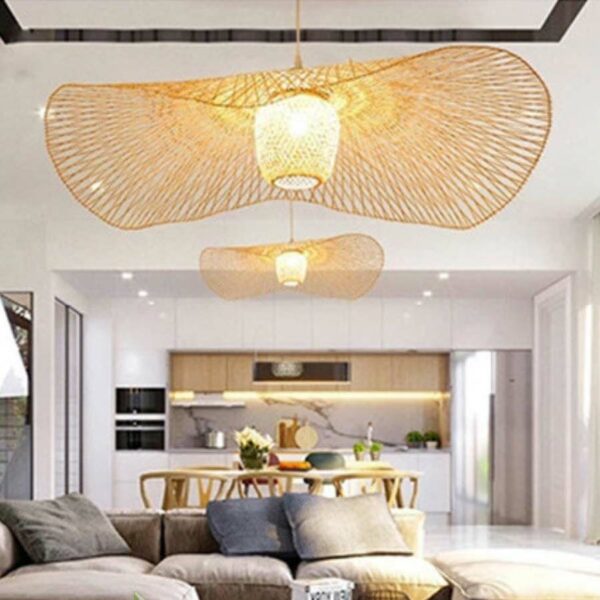 Đèn thả nan tre đan lá sen kết hợp đèn cầu một lớp MT 134