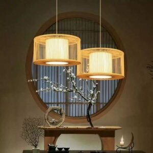 Đèn tre hai hình trụ tròn có lồng vải trang trí sang trọng MT 138