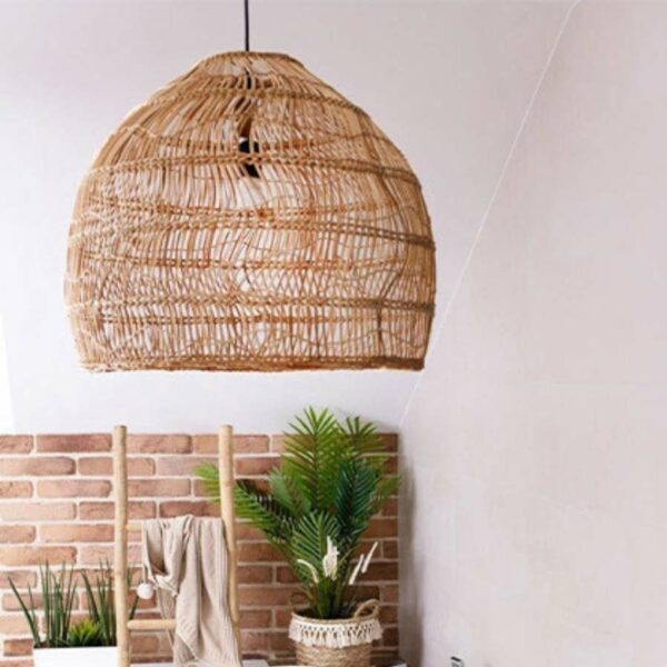 Đèn thả mây đan trên khung sắt như cái chum trang trí phòng khách MT 166
