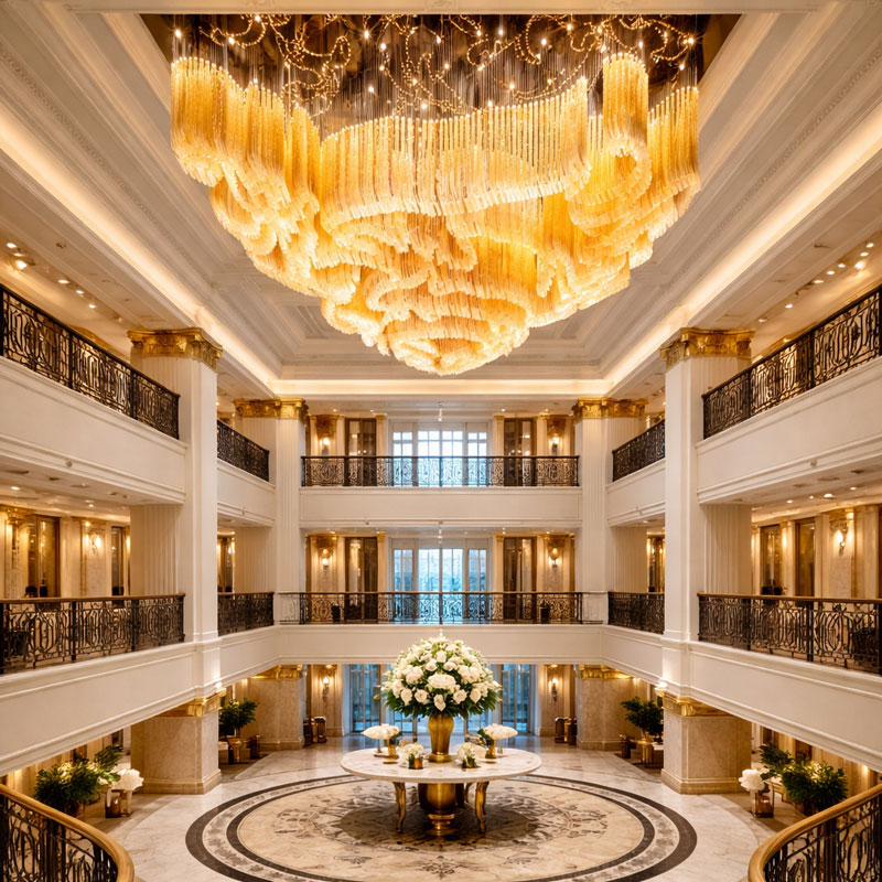 Đèn chùm thả thông tầng sảnh đón khách sạn biệt thự văn phòng hình Thạch Nhủ