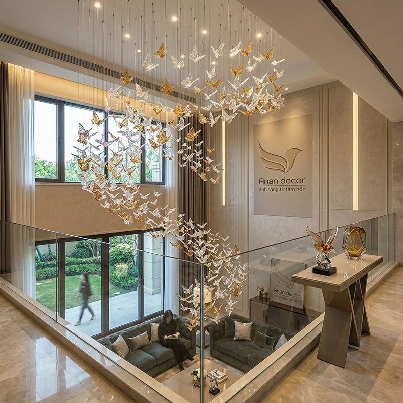 Đèn chùm thả thông tầng sảnh đón khách sạn biệt thự văn phòng hình cánh bướm nhỏ - Ảnh 2