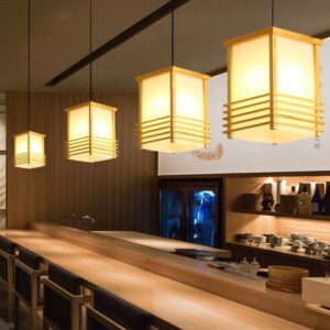 Đèn thả gỗ hình hộp có thiết kế in logo theo yêu cầu hiện đại trang trí nhà hàng, resort DAT-18