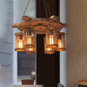 Đèn chùm thả gỗ RUSTIC hình bánh xe trang trí nhà hàng, cafe, quán bar RTC-05
