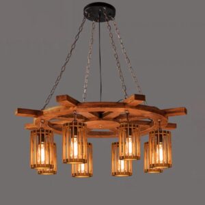Đèn chùm thả gỗ RUSTIC hình bánh xe trang trí nhà hàng, cafe, quán bar RTC-06