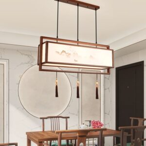Đèn chùm ngang thả gỗ chao vải phong cách Trung Hoa DGAD-01-3