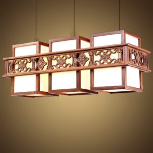 Đèn chùm thả gỗ ngang 3 chao vải phong cách Trung Hoa DGAD-03-3