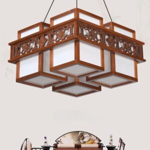 Đèn chùm thả gỗ 4 chao vải phong cách Trung Hoa DGAD-03-4