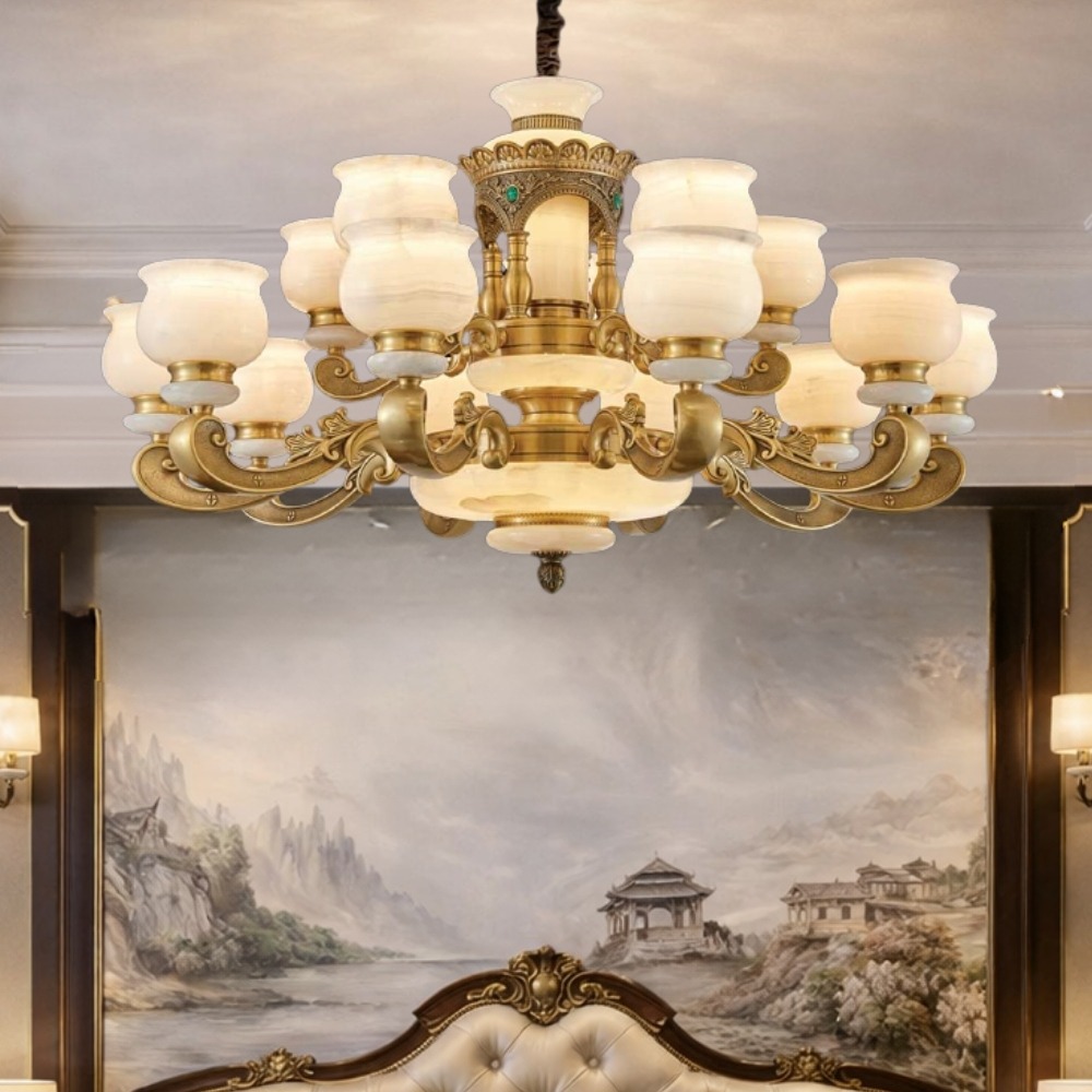 đèn chùm đồng chao đá