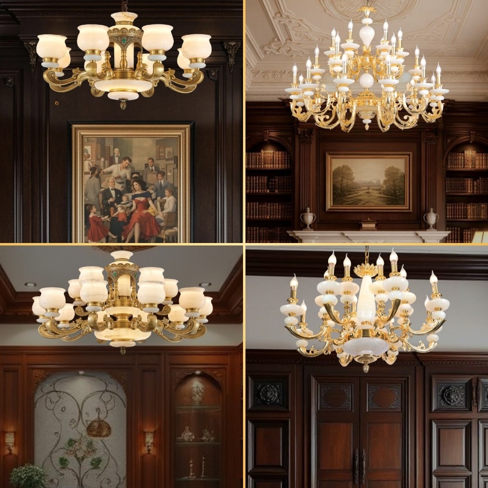 đèn chùm đồng chao đá